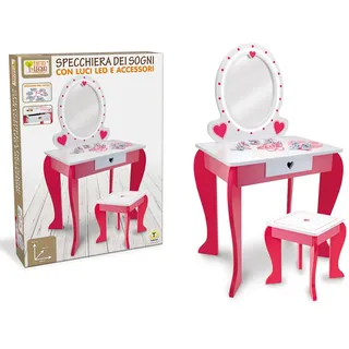Teorema – Holzspiegel der Träume aus Holz, 90 cm hoch, mit LED-Lichtern, inklusive Hocker, Make-up-Künstler, Make-up-Station für Mädchen, Rosa und Weiß, Geschenkidee 3+ Jahre