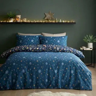 Ibenzoa® Bettwäsche-Set 200 x 200 cm für Doppelbett, wendbar mit Fuchs-, Eulen- & Hasen-Motiven, 2x 50 x 75 cm, 52% Polyester/48% Baumwolle, dunkelblau