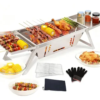 Cioquli Holzkohlegrill, Tragbarer Campinggrill, Klappgrill aus Edelstahl, Einstellbar Mini BBQ Grill für Outdoor Camping Terrasse Grillparty Silber (17.13''x8.86''x1.57'')