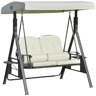 Outsunny Gartenschaukel 2-Sitzer mit Sonnendach Kissen Tablett Metall Kunststoff Beige , Metall, Kunststoff , 220x173x162 cm , Gartenmöbel, Gartenschaukeln, Hollywoodschaukeln