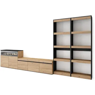 Skraut Home | Wohnwand Wohnzimmer | Wohnzimmermöbel, Möbelset | 370x186x35cm | Für TV-Geräte bis zu 65" | Elektrokamin. | Moderner Stil | Eiche Schwarz