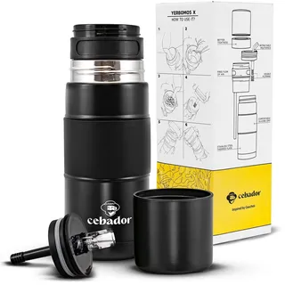 Cebador Mate Tee Thermosflasche Yerbomos X 3in1 450ml Schwarz - Thermobecher Bombilla und Behälter für Pulver - Doppelwandig, Thermoisoliert - für Unterwegs, Reise & Büro - Verbesserte Dichtungen