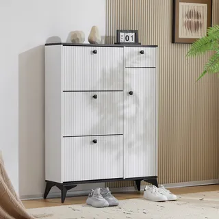 okwish Schuhschrank Schuhbank mit 3 Klappen, 1 Schublade und 1 Tür, Schuhregal, Schuhkipper schmal, Schuhschrank,Maße: H 121 cm/B90 cm/T25cm,weiß - Weiß, Schwarz