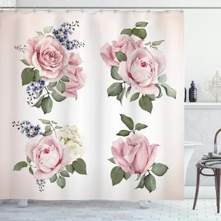 ABAKUHAUS Rose Duschvorhang, Frühling Bouquets Natur, Stoffliches Gewebe Badezimmerdekorationsset mit Haken, 175 x 200 cm, Pale Pink resedagrün