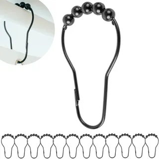 Duschvorhang Ringe, 12 Stück, in Schwarz, mit Kugel-Gleitsystem, 7 x 3,9 cm Größe, für Duschvorhangstangen, aus Metall, Schwarze Ring Duschgardine, Duschvorhangringe, Duschvorhang Haken, Metallringe