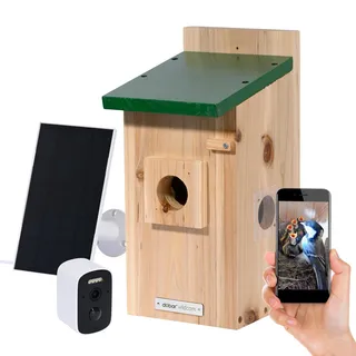 Luxus-VOGELHAUS Nistkasten Eazy mit WiFi Kamera und Solar Panel - Vogelbeobachtung mit Nisthilfe aus Holz und App - Ø 40 mm Einflugloch - Grün