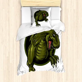 ABAKUHAUS Jurassic Mantele, T-rex Tier, Milbensicher Allergiker geeignet mit Kissenbezügen, 135 cm x 200 cm - 80 x 80 cm, Olivgrün Braun - Braun
