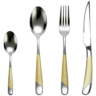 24-teiliges Besteckset Gold – Edelstahl Silberbesteck für 6 Personen mit Messer, Gabel, Löffel, Spiegelfinish & spülmaschinengeeignet - Goldenes Schleifen Design