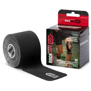 RockTape GO Extra-Sticky Kinesiology Tape – 20 vorgeschnittene Streifen, 5cm x 25cm – starker Kleber, wasserfest, hypoallergen für Muskelregeneration, Schmerzlinderung & Sport, Schwarz