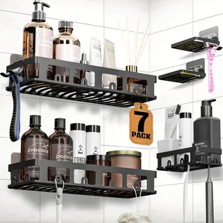 GILIKOKO Duschablage ohne Bohren 7 Stück Badezimmer Organizer, Duschregal, Badezimmer Regal, Deko, Kleben Statt Bohren (Dunkelbraun)