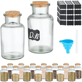 Relaxdays Gewürzgläser 16er Set, Korkdeckel, Gewürzdosen Glas, 250 ml, inkl. Etiketten, Stift & Trichter, transparent, Kork, Silikon