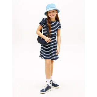 Skaterkleid TOMMY HILFIGER "ESSENTIAL PUNTO SKATER DRESS SS", Mädchen, Gr. 10 (140), N-Gr, schwarz night navy stripes, Web, Obermaterial: 72% Polyester, 23% Modal, 5% Elasthan, gestreift, regular fit kniefrei, Rundhals, eingesetzt abgesteppte Kante, Kleider Skaterkleid, Kinder bis 16 Jahre, regular fit