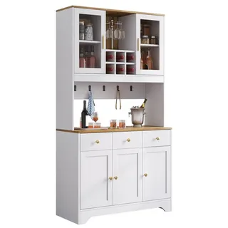 Küchenschrank 94.5x30x175.5 cm mit Schubladen und Weinregal, 5 Türen, Weiß+Holzfarbe