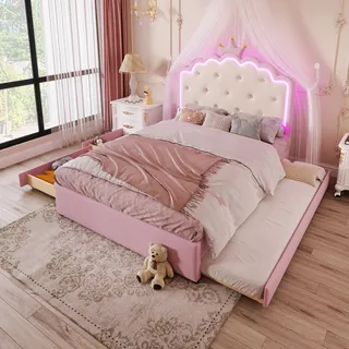 MODFU Kinderbett Polsterbett 140×200 cm mit Ausziehbett 90×188cm cm, mit Ambientelicht und 2 Schubladen, Jugendbett mit Kopfteil in Kronprinzessinnenform(Ohne Matratze), PolyurethanRosa - Rosa
