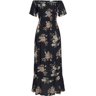 Maxikleid LASCANA, Damen, Gr. 40, N-Gr, schwarz (schwarz, bedruckt), Web, Obermaterial: 100% Viskose, bedruckt, figurumspielend knöchellang, Carmenausschnitt, Kleider Maxikleid, im angesagten Vokuhila-Schnitt und Carmenausschnitt, Sommerkleid