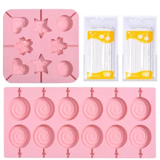 2 Stück Lollipop Schokolade Silikonform, mit 40 Lollypop Sticks, Wiederverwendbare Silikon Formen, für Herstellung von Pralinen, Keksen, Lutschern(Pink)