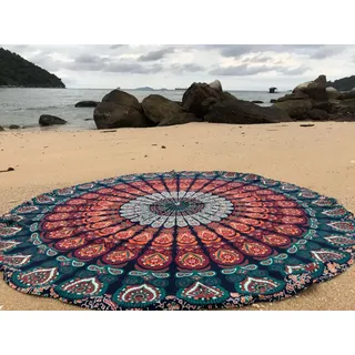 raajsee Indien Strandtuch Rund Mandala Hippie/Groß Indisch Rundes Baumwolle/Boho Runder Yoga Matte Tuch Meditation/Tischdecke Rund aufhänger Decke Picknick Teppich 70 inch (Blaue orange Mandala)