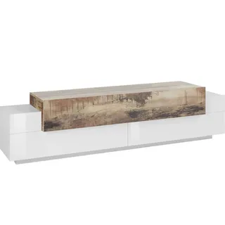 Fernsehschrank Dmirand, Niedriges Sideboard für Wohnzimmer, Sockel für TV-Möbel, 100 %  Italy, cm 200x45h52, Weiß glänzend und Ahorn - Weiß