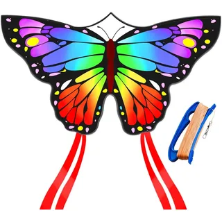 Flying Hoofer Bunt Schmetterlingsdrachen für Kinder & Erwachsene (55''X29''Regenbogen) - einfach zu fliegen für Strand, Anfänger & Familienspaß, großer Einleiner-Drachen mit 300 FT Schnurgriff.