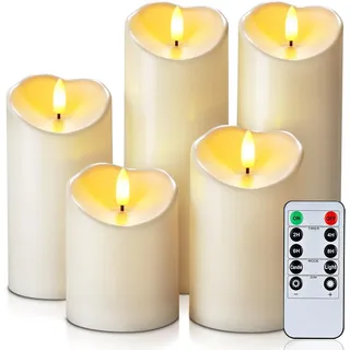 Homemory Outdoor Wasserdicht Flammenlose Kerzen, Batteriebetriebene LED-Kerzen mit Fernbedienung und Timer, Elektrische Gefälschte Kunststoff-Säulenkerzen, Elfenbein Weiß, 5er-Set