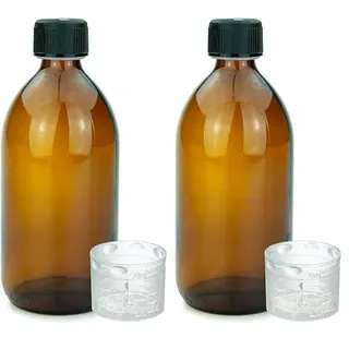 Devitre braune Glasflasche 500 ml mit Deckel Messbecher und Beschriftungsetikett (Packung mit 2)