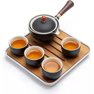 Kungfu Tee Set Keramik Tragbares Reise Tee Set, 360-Rotation Teekanne, 4 Tassen, Tablett, Reisetasche