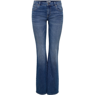 Bootcut-Jeans ONLY "ONLPHOEBE LW B-POC FLARE DNM PIM454 NOOS", Damen, Gr. 31, Länge 32, blau (medium blau denim), Denim/Jeans, Obermaterial: 65% Baumwolle, 18% Polyester, 15% Viskose, 2% Elasthan, unifarben, bootcut fit lang, Jeans Bootcut-Jeans, Baumwollmischung, bootcut fit