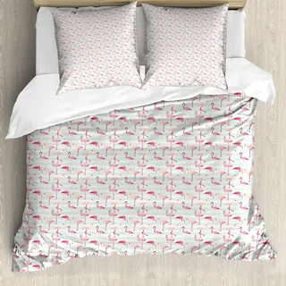 ABAKUHAUS Flamingo Bettbezug Set, Horizontaler gestreifter Hintergrund mit Pastell farbigen Insel-Dschungel-Vögeln, 155 x 220 cm + 80 x 80 cm, Mintgrün Pfirsich Korallenrot