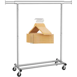 SONGMICS Kleiderständer 20er Kleiderbügel Set, Garderobenständer auf Rollen, Bügel aus Massivholz, ausziehbare Stange, um 360° drehbarer Haken, silbern und naturfarben-silbern HSW013S01