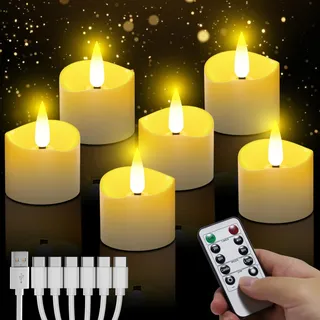 daphomeu Wiederaufladbare LED Teelichter mit Timerfunktion 6 Stück, Flammenlose Teelichter mit Fernbedienung, Elektrische LED Kerzen für Hochzeiten Partys Halloween Weihnachten Heimdekoration