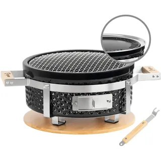BBQ-Toro Keramik Holzkohletischgrill mit Holzunterlage | Ø 29,5 cm | Outdoor Hibachi Grill für Camping, Koreanischer Grill, Keramik Tischgrill, BBQ Grill, Japanischer Grill, Keramikgrill Rund