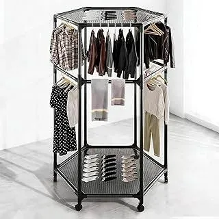 Kleiderständer auf Rollen, Kleiderständer mit Doppellagigem Sonnenschutznetz, Sechseckiger Kleiderständer aus Metall zum Trocknen, Platzsparend, für Schlafzimmer, Wäscheraum, Balkon, Schwarz