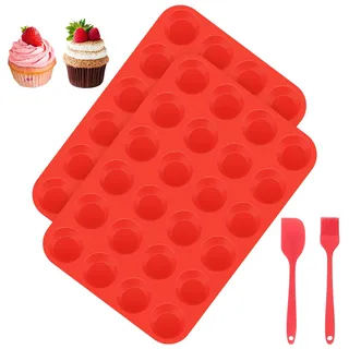 Muffin Backform, 2 Stück Muffinform Silikon 24 Cavity Mini Muffins Backform | Silikon Muffinförmchen Leicht zu Reinigen, Muffinblech Antihaftbeschichtet, spülmaschinenfest, Rot