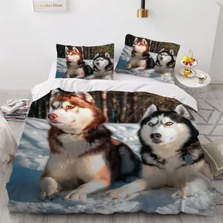 JIARAO Bettwäsche 135×200 3D-Digitaldruck 2teilig Husky-Hunde Bettwäsche-Sets Kinder Mikrofaser mit Reißverschluss Hund Tiere Muster Modern Jungen Mädchen Bettwaren Bettbezug mit Kissenbezug 80x80 cm