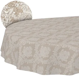 Stoff Tischdecke Textil Tischwäsche Tischtuch Baumwolle Polyester abwaschbar Uni Ornament Damast Jacquard Gewebe waschbar Barock Beige Oval 180x140cm Schnittkante