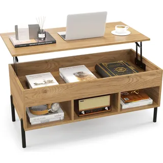 COSTWAY Couchtisch Höhenverstellbar, Beistelltisch mit anhebbarer Tischplatte & 3 offenen Fächern, Wohnzimmertisch aus Holz mit großem verstecktem Fach, Kaffeetisch für Wohnzimmer, Büro, Natur - Naturbelassen