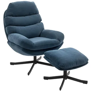 HOMCOM Relaxsessel mit Hocker Sessel Loungesessel mit Chenille-Optik breiter Sitzfläche Drehbar Polstersessel Armlehnensessel für Wohnzimmer, Schlafzimmer, Blau