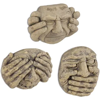 Relaxdays Baumgesichter 3er Set, Nichts hören sehen Sagen, wetterfest, zum Hängen, Baumstamm Deko, beige/anthrazit