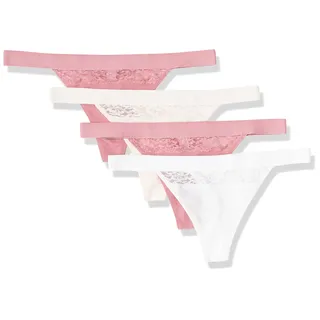 Amazon Essentials Damen Tanga-Unterwäsche Baumwolle und Spitze, 4er-Pack, Grellweiß/Blassrosa/Mauve, 46