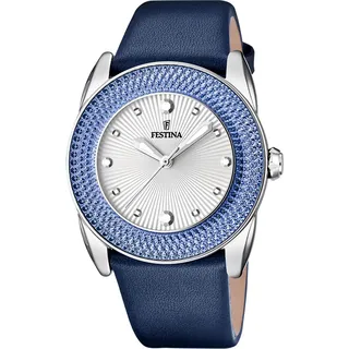 Festina Damen Armbanduhr Blaues Leder - Quarzwerk - Gehärtetes Mineralglas - Wasserdicht bis 5 ATM - Elegant Klassisch Vintage - Special Prices F16591/8