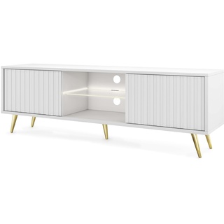 Selsey TV Schrank Board Sideboard Fernsehtisch Fernsehschrank Mit Lamellen 135 cm Goldene Beine Weiß Bello