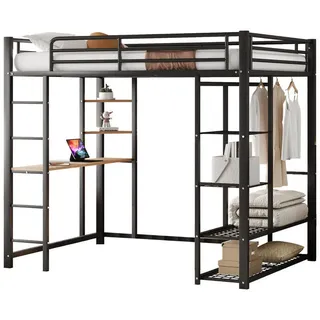 Stilvora Hochbett 140/200 cm in Schwarz mit Schreibtisch, Regal und Kleiderstange aus Metall , Metall, Holz , 140x200 cm , Babymöbel & Kindermöbel, Kinderzimmer & Jugendzimmer, Kinderbetten, Hochbetten