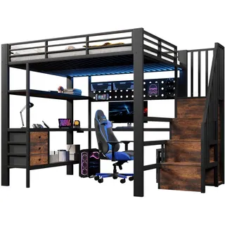 Okwish Hochbett 140/200 cm schwarz aus MDF und Metall mit Schreibtisch Stauraum LED und Steckdose , Schwarz , Holzwerkstoff , 140x200 cm , Babymöbel & Kindermöbel, Kinderzimmer & Jugendzimmer, Kinderbetten, Hochbetten