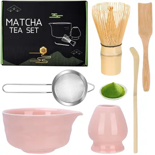 Mockotta 6 Stück Matcha Set, Matcha Besen Set inlk.Matcha Schale mit Ausgießer, Matcha Whisk, Besenhalter aus Keramik, Matcha Sieb, 2 Matcha Löffel, Japanisches Matchabesen Set -Pink