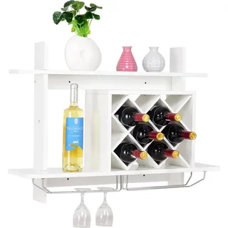 COSTWAY Weinregal mit Weinglashalter Flaschenregal Weinstaender Weinschrank Haengeregal Haengeweinregal Wandregal Weinflaschenhalter Holz weiss