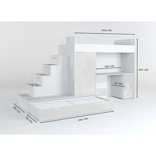 Hochbett mit Stauraum und Regal – Perfekt für das Kinderzimmer oder Jugendzimmer - Weiß