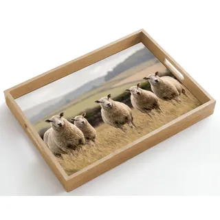 OnlyWow© Serviertablett Servierplatte Eiche Holz Tablett Mit Henkel Tray | 50x35 cm - Rechteckig - Kratzfest Kaffeetablett Tabletts Teetablett Schafe - Weidelandschaft - Hügel