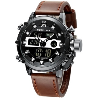 MEGALITH Uhren-Herren Militär Digitaluhr Sportlich - Armbanduhr Herren 45mm Groß Zifferblatt Wasserdicht LED Uhren fur Männer Braunes Leder Stoppuhr Wecker Kalender