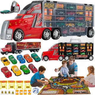 Malplay Spielzeug Autos Set Mit 10 Metallautos Und Großer Lkw-Autotransporter Lkw-Abschleppwagen Mit Autowerfer+ Straßenmatte Für Spielen Für Kinder Ab 3 Jahren