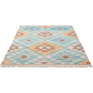 Teppich TOM TAILOR HOME "Check Kelim" Gr. 3, bunt (türkis, pastel), B:140cm H:5mm L:200cm, Wolle, Teppiche, Teppich, handgewebt, mit Fransen, Boho-Style